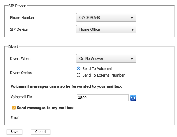 number configuration page